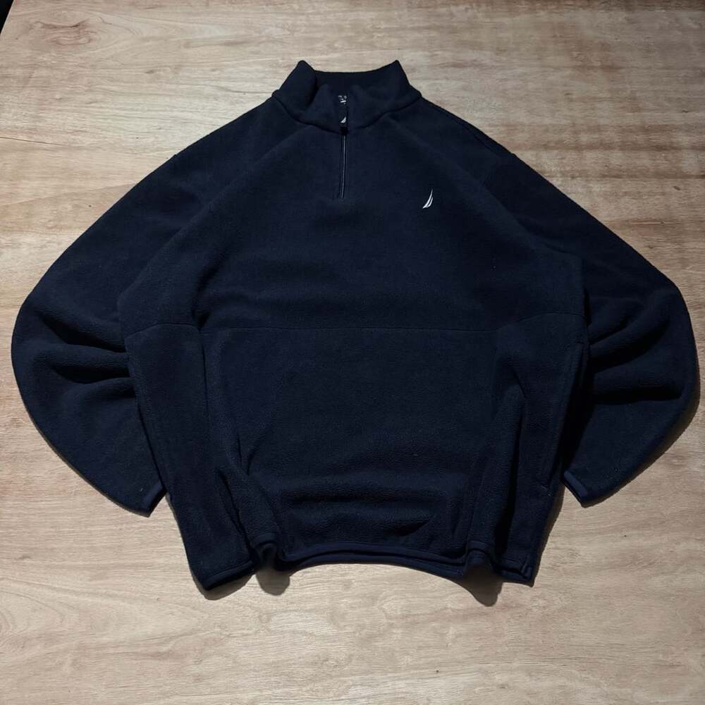 Nautica Dark Blue Fleece Quarter Zip Pullover XL Minimalist Embroidered Logo
